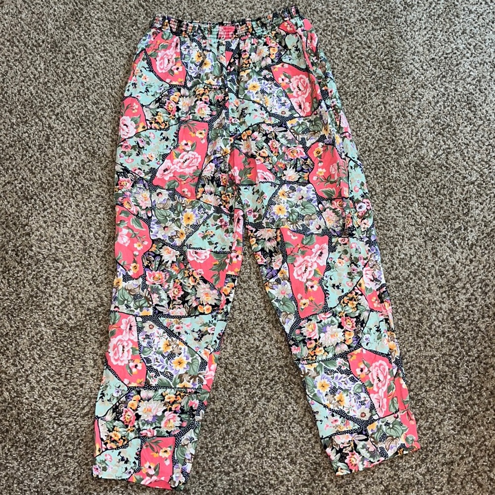 Bosa Nova vtg vintage floral flower ankle pants medium stretchy green pink small